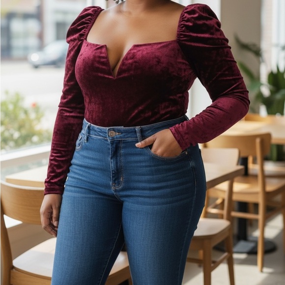 NEW•1X•WILLOW VELVET MERLOT ELEGANT SWEETHEART NECKLINE TOP - Picture 2 of 14